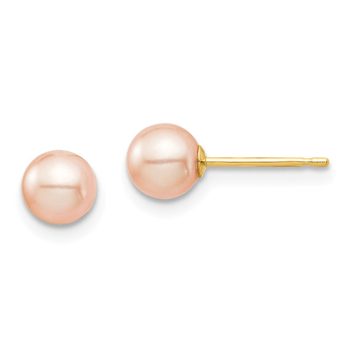 14k Yellow Gold Madi K 5-6mm Pink Round Freshwater Cultured Pearl Stud Post Earrings, 5.5mm x 5 to 6mm