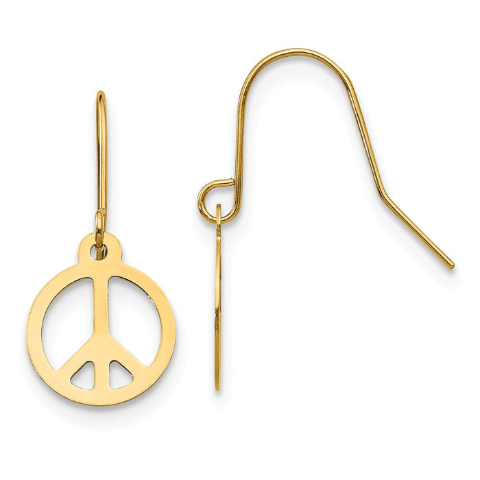 14k Yellow Gold Madi K Peace Sign Dangle Earrings, 16mm x 8mm