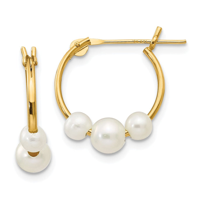 14k Yellow Gold Madi K White Semi-round Freshwater Cultured 3 Pearl Hoop Earrings, 15mm x 4mm