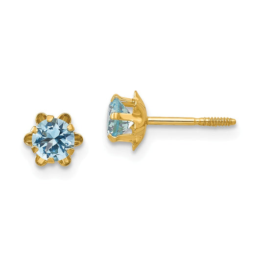 14k Yellow Gold Madi K 4mm Synthetic (Mar) Screwback Earrings, 4mm x 4mm