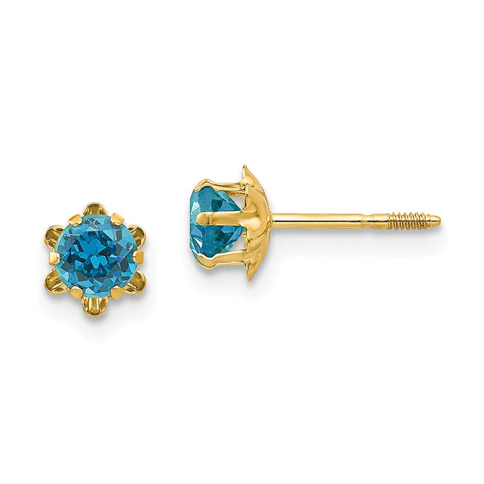 14k Yellow Gold Madi K 4mm Synthetic Blue Topaz (Dec) Screwback Earrings, 4mm x 4mm