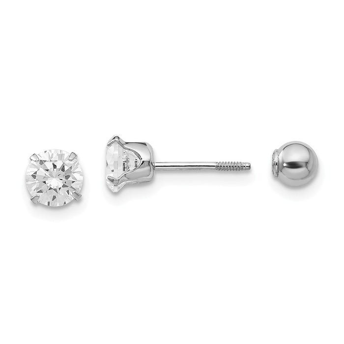 14k Madi K White Gold 5mm Cubic Zirconia ( CZ ) and 4mm Ball Reversible Earrings, 5mm x 5mm