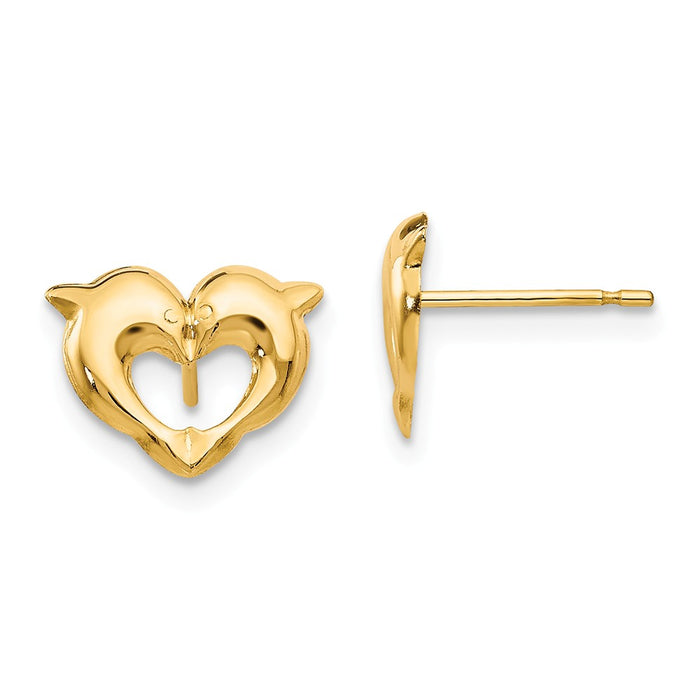 14k Yellow Gold Madi K Heart Dolphins Post Earrings, 10mm x 8mm