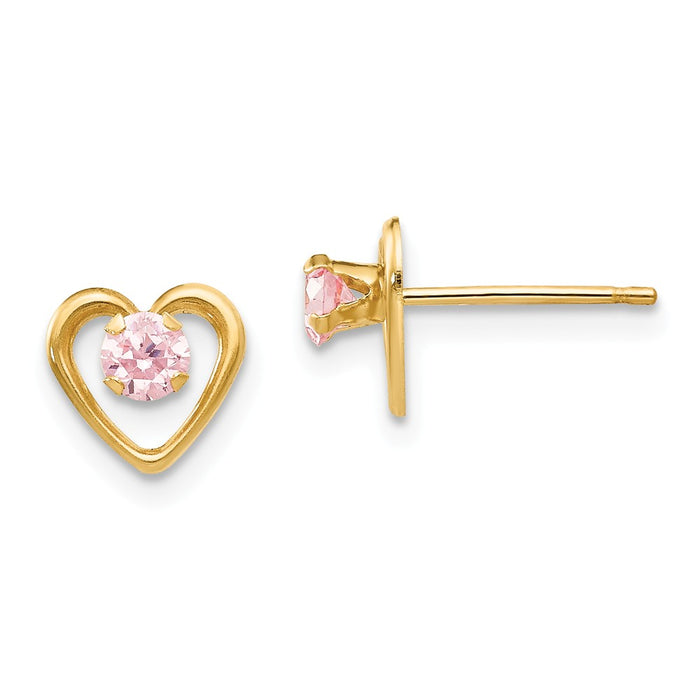 14k Yellow Gold Madi K Heart with Pink Cubic Zirconia ( CZ ) Post Earrings, 7mm x 7mm