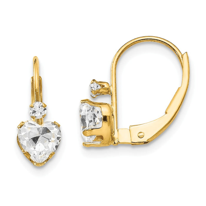 14k Yellow Gold Madi K Cubic Zirconia ( CZ ) Heart Leverback Earrings, 15mm x 5mm