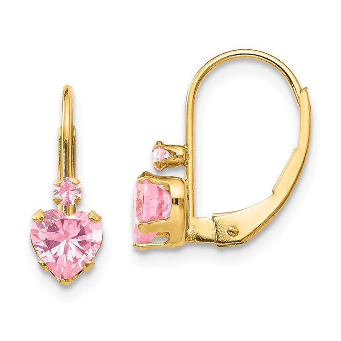 14k Yellow Gold Madi K Pink Cubic Zirconia ( CZ ) Heart Leverback Earrings, 15mm x 5mm