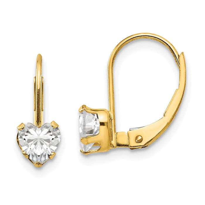 14k Yellow Gold Madi K Cubic Zirconia ( CZ ) Heart Leverback Earrings, 15mm x 5mm