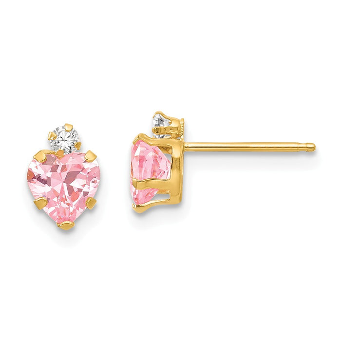 14k Yellow Gold Madi K 2mm round / 5mm Pink Cubic Zirconia ( CZ ) Heart Post Earrings, 7mm x 5mm