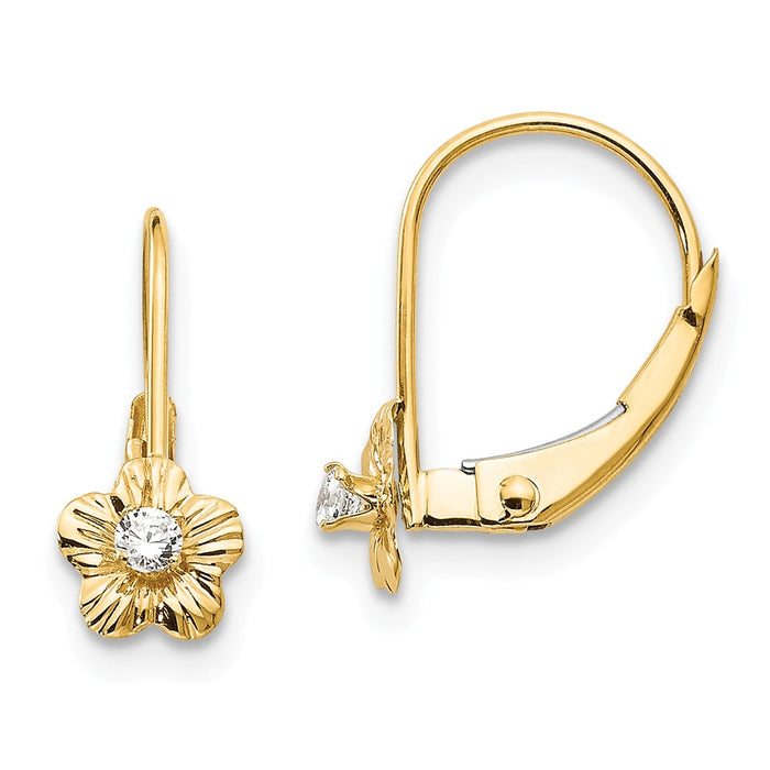 14k Yellow Gold Madi K Flower with Cubic Zirconia ( CZ ) Leverback Earrings, 13mm x 6mm