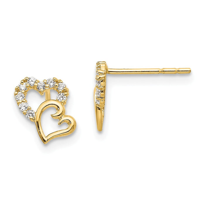 14k Yellow Gold Madi K Cubic Zirconia ( CZ ) Double Heart Post Earrings, 8mm x 6mm