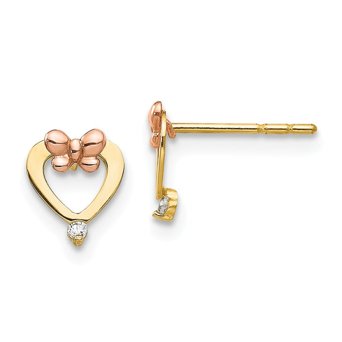 14k Madi K Yellow & Rose Gold Cubic Zirconia ( CZ ) Heart Post Earrings, 8mm x 6mm