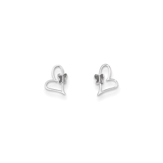 14k White Gold Madi K Heart with Butterfly Post Earrings, 9mm x 6mm