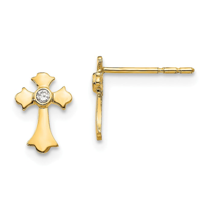 14k Yellow Gold Madi K Cubic Zirconia ( CZ ) Cross Post Earrings, 9mm x 6mm