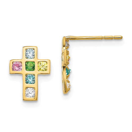 14k Yellow Gold Madi K Multi-colored Cubic Zirconia ( CZ ) Cross Post Earrings, 10mm x 8mm