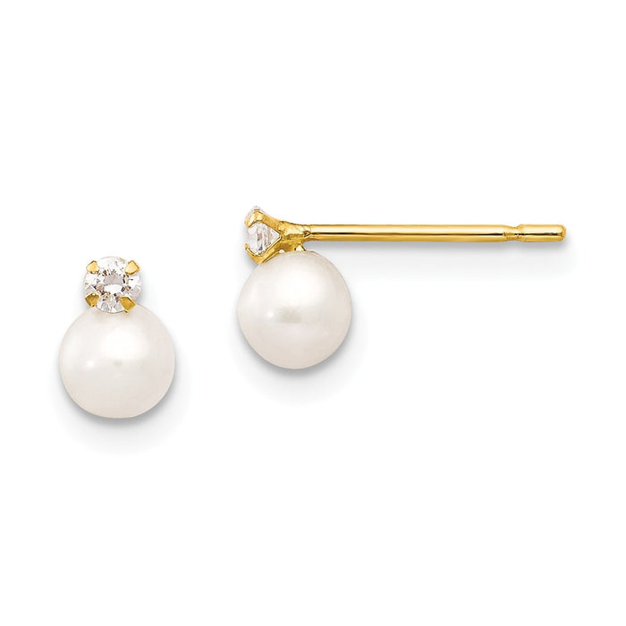 14k Yellow Gold Madi K 5-6mm Near Round Freshwater Cultured Pearl Cubic Zirconia ( CZ ) Post Earrings, 7mm x 5mm
