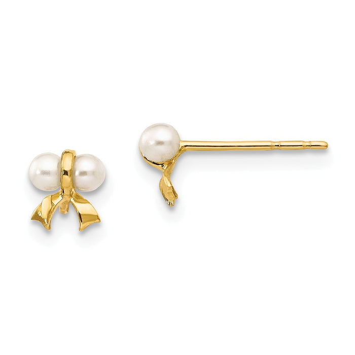 14k Yellow Gold Madi K White Button Freshwater Cultured Pearl Bow Post Earrings, 5mm x 6mm