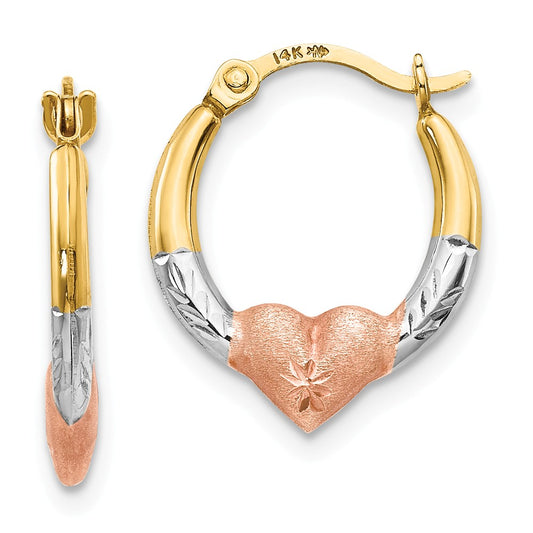 14K Tri-color Madi K Heart Hoop Earrings, 16mm x 13mm