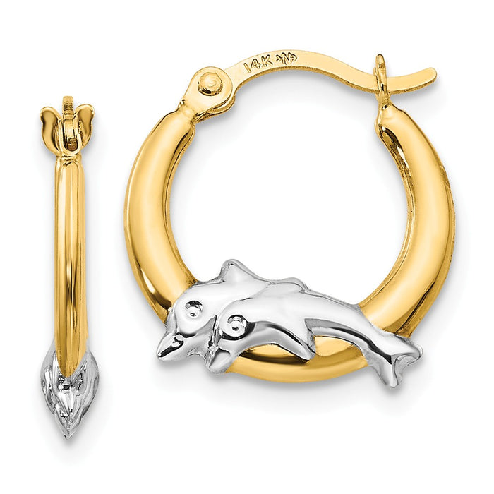 14K Madi K with Rhodium Dolphin Hoop Earrings, 15mm x 14mm