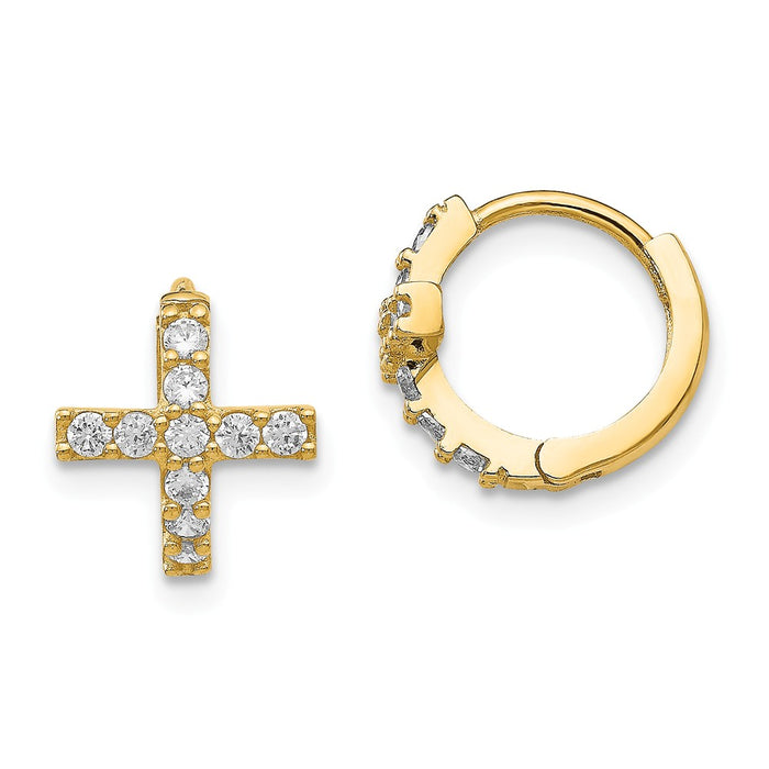 14k Yellow Gold Madi K Polished Cubic Zirconia ( CZ ) Cross Hinged Hoop Earrings, 11mm x 9mm