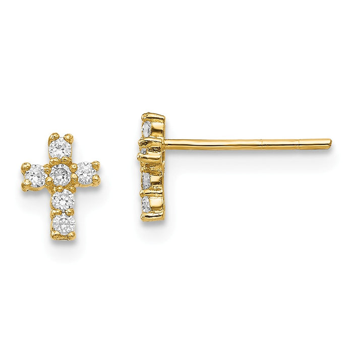 14k Yellow Gold Madi K Polished Cubic Zirconia ( CZ ) Cross Post Earrings, 6mm x 5mm
