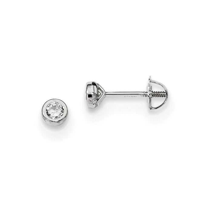 14k Madi K White Gold Polished Cubic Zirconia ( CZ ) Bezel Post Earrings, 3.8mm x 3.8mm