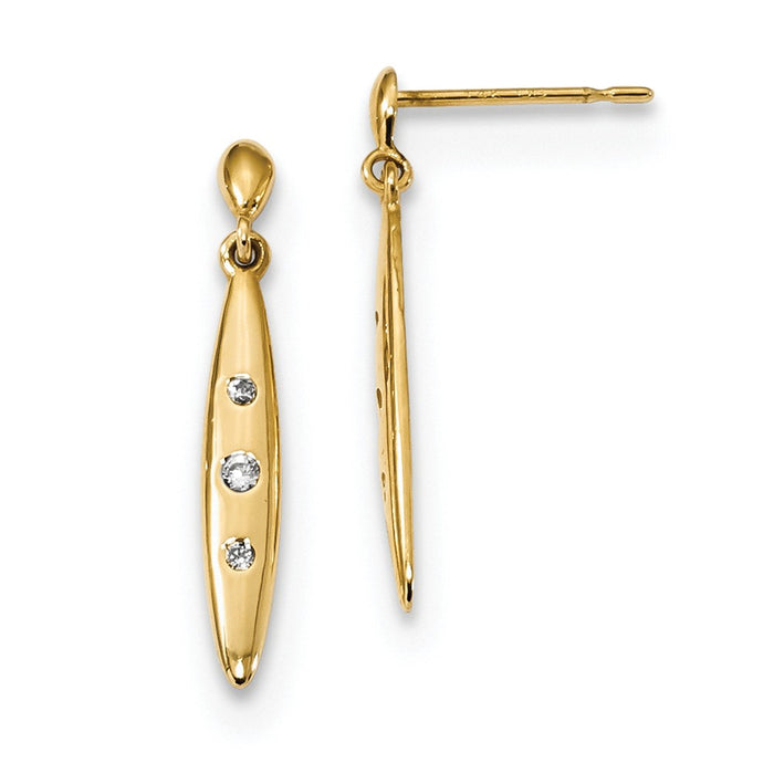 14k Yellow Gold Madi K Oval with 3-Cubic Zirconia ( CZ )s Dangle Post Earrings, 21mm x 3.5mm