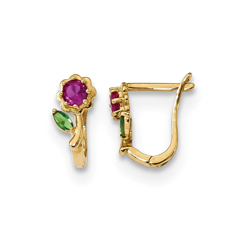 14k Yellow Gold Madi K Polished Red & Green Cubic Zirconia ( CZ ) Flower Hoops, 9mm x 5.8mm