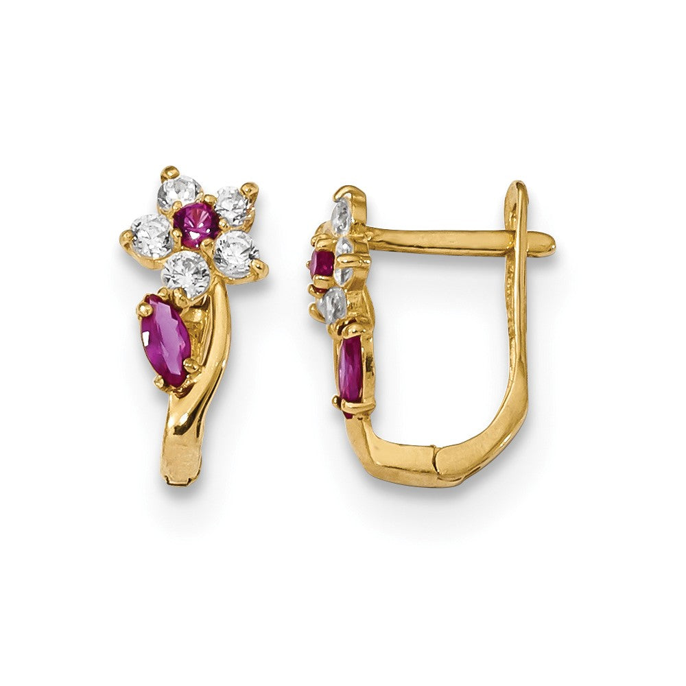 14k Yellow Gold Madi K Red & Clear Cubic Zirconia ( CZ ) Flower Hinged Earrings, 12mm x 6.2mm