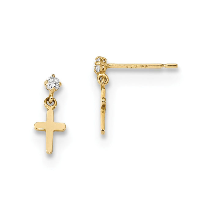 14k Yellow Gold Madi K Childrens Cubic Zirconia ( CZ ) Cross Post Dangle Earrings, 11mm x 4.7mm