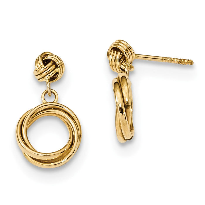 14k Yellow Gold Madi K Polished Love Knot with Small Fancy Dangle Post Earrings, 17mm x 9.5mm