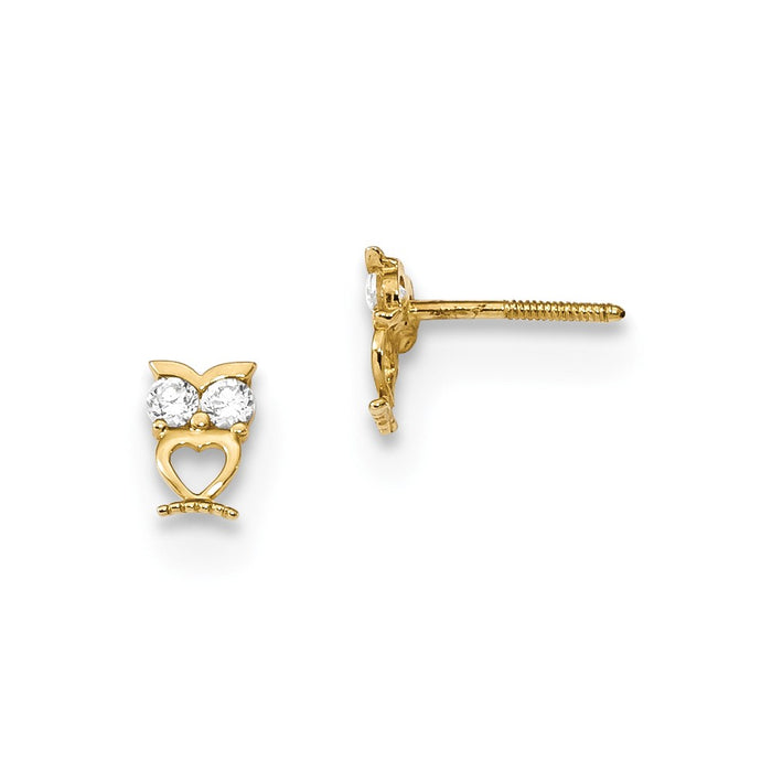 14k Yellow Gold Madi K Owl with Cubic Zirconia ( CZ ) Eyes Screwback Post Earrings, 5.6mm x 3.9mm