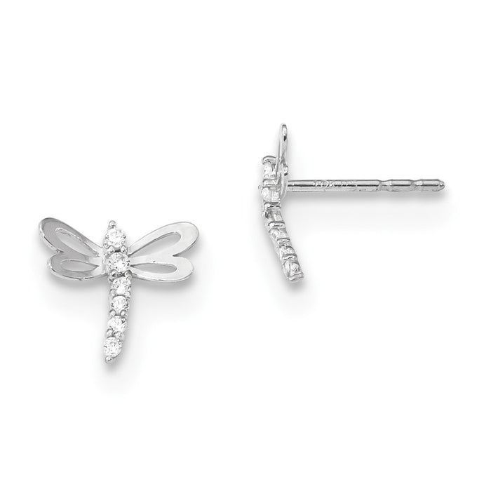14k Madi K White Gold Polished Cubic Zirconia ( CZ ) Dragonfly Post Earrings, 8.8mm x 9.58mm