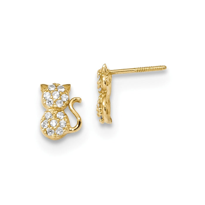 14k Yellow Gold Madi K Polished Cubic Zirconia ( CZ ) Sitting Cat Screwback Post Earrings, 7.88mm x 5.8mm