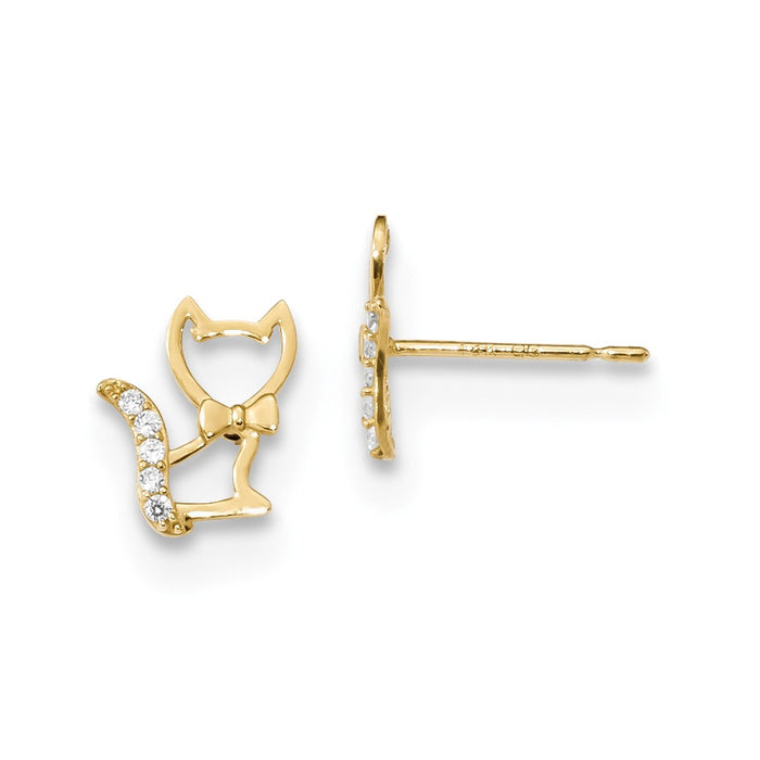 14k Yellow Gold Madi K Childrens Kitten with Cubic Zirconia ( CZ ) Tail Post Earrings, 9.14mm x 7.07mm