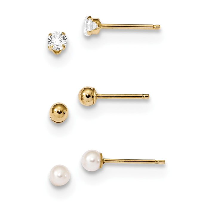 14k Yellow Gold Madi K Ball, Cubic Zirconia ( CZ ) & Freshwater Cultured Pearl 3 Pair Earring Set, 3.3mm x 3.3mm