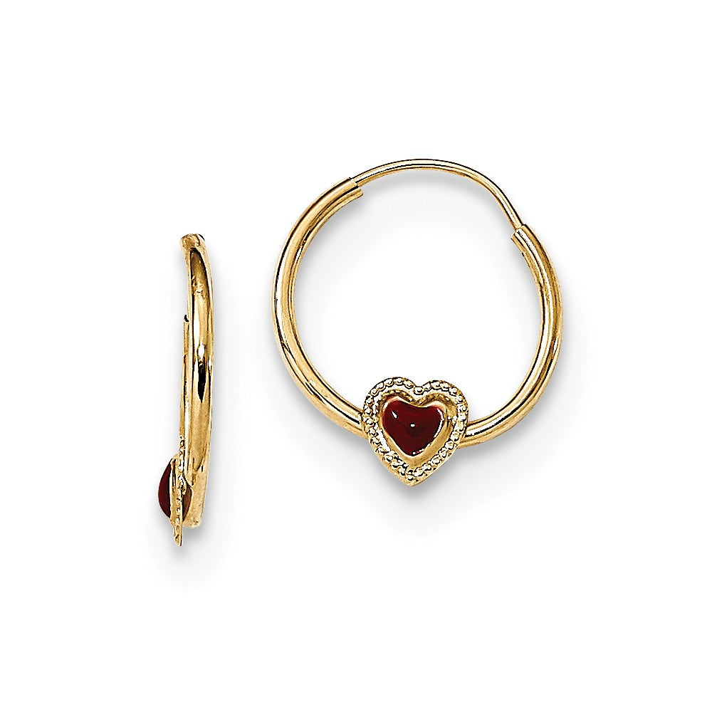 14k Yellow Gold Madi K Polished Red Enameled Heart Hoops, 12.6mm x 11.8mm