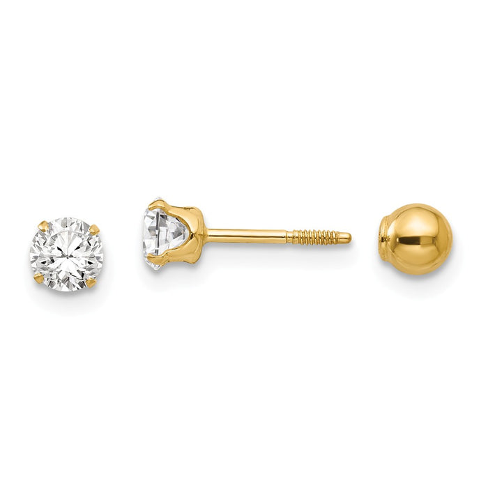 14k Yellow Gold Madi K Polished Reversible Cubic Zirconia ( CZ ) & 4mm Ball Earrings, 4mm x 4mm