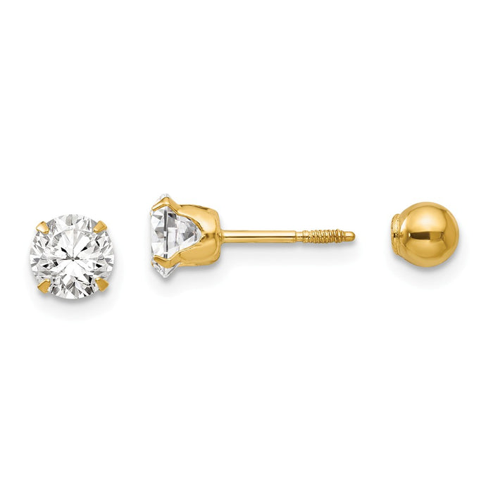 14k Yellow Gold Madi K Polished Reversible 5mm Cubic Zirconia ( CZ ) & Ball Earrings, 5mm x 5mm