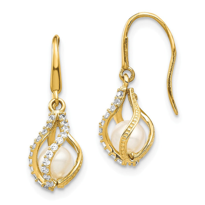 Million Charms 14k Yellow Gold White Freshwater Cultured Pearl Cubic Zirconia ( CZ ) Cage Dangle Earrings, 19.62mm x 6.9mm