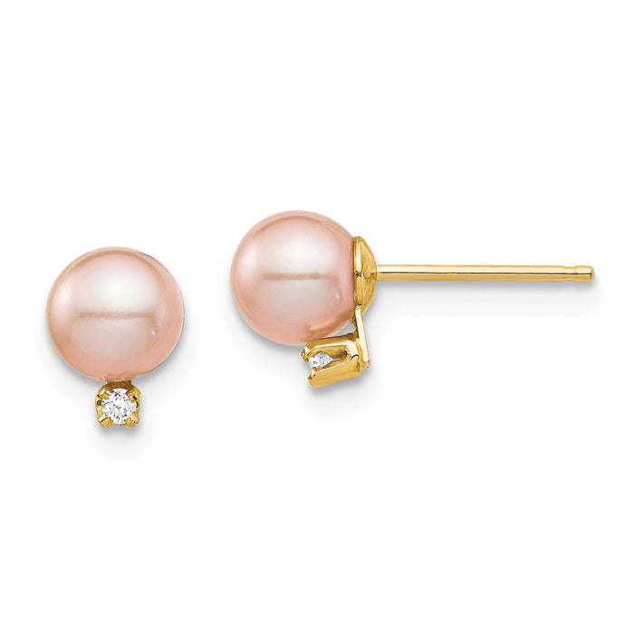 14k Yellow Gold Madi K 5-6mm Pink Round Freshwater Cultured Pearl .02ct Diamond Post Earrings, 7.23mm x 5.4mm