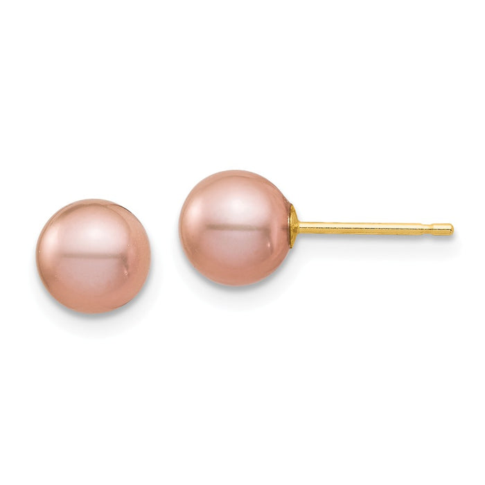 14k Yellow Gold Madi K 6-7mm Pink Round Freshwater Cultured Pearl Stud Post Earrings, 6.28mm x 6.28mm