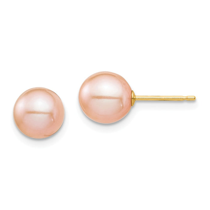 14k Yellow Gold Madi K 7-8mm Pink Round Freshwater Cultured Pearl Stud Post Earrings, 7.26mm x 7.26mm