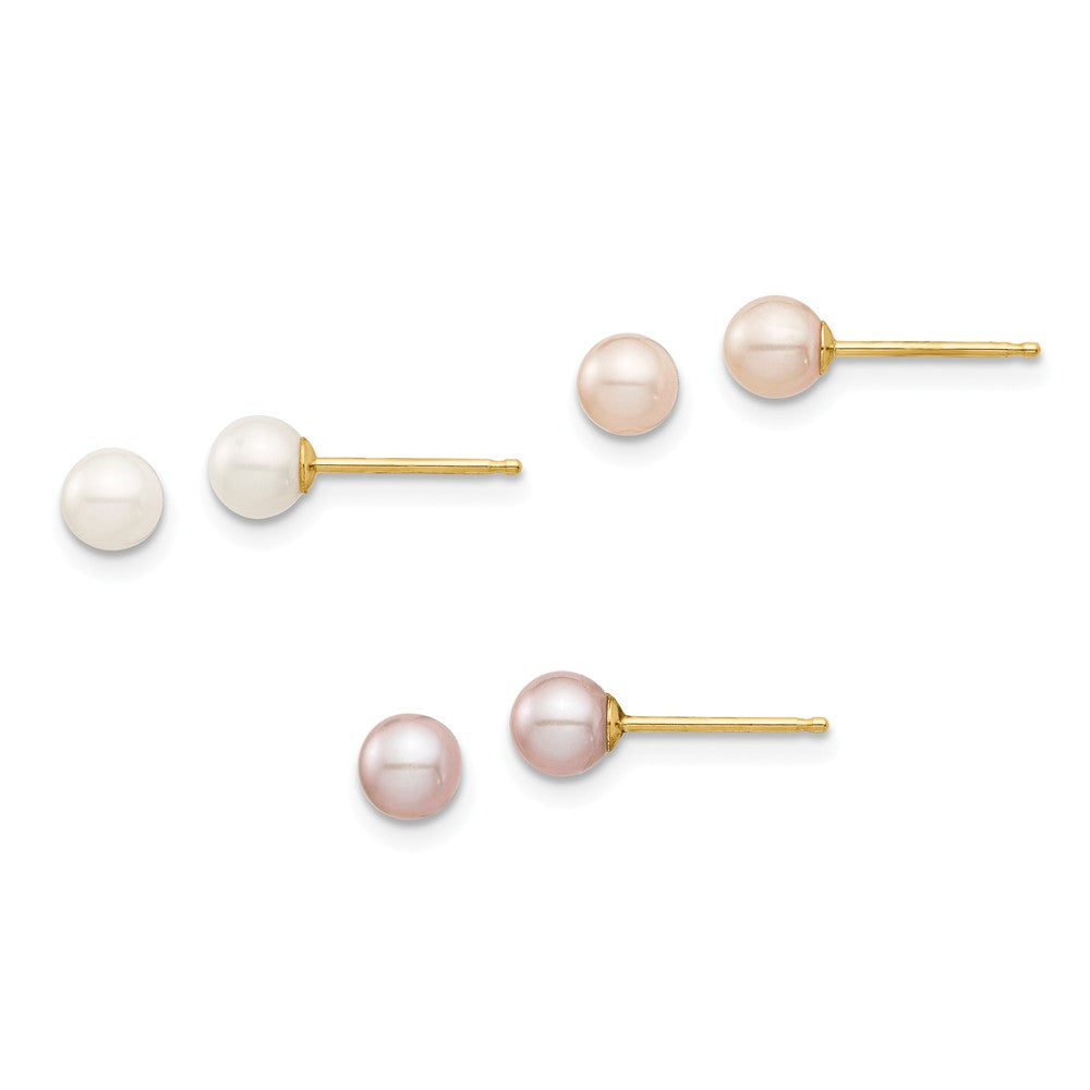 Madi K Jewelry Set - 14k Yellow Gold Madi K 4-5mm White/Pink/Purple Round Freshwater Cultured Pearl Post Earrings Set