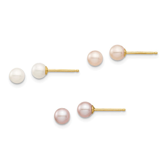 Madi K Jewelry Set - 14k Yellow Gold Madi K 4-5mm White/Pink/Purple Round Freshwater Cultured Pearl Post Earrings Set