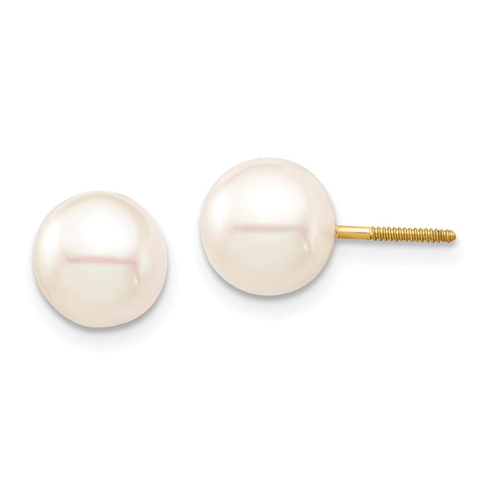 14k Yellow Gold Madi K 7-8mm White Round Freshwater Cultured Pearl Screwback Earrings, 7.45mm x 7.45mm