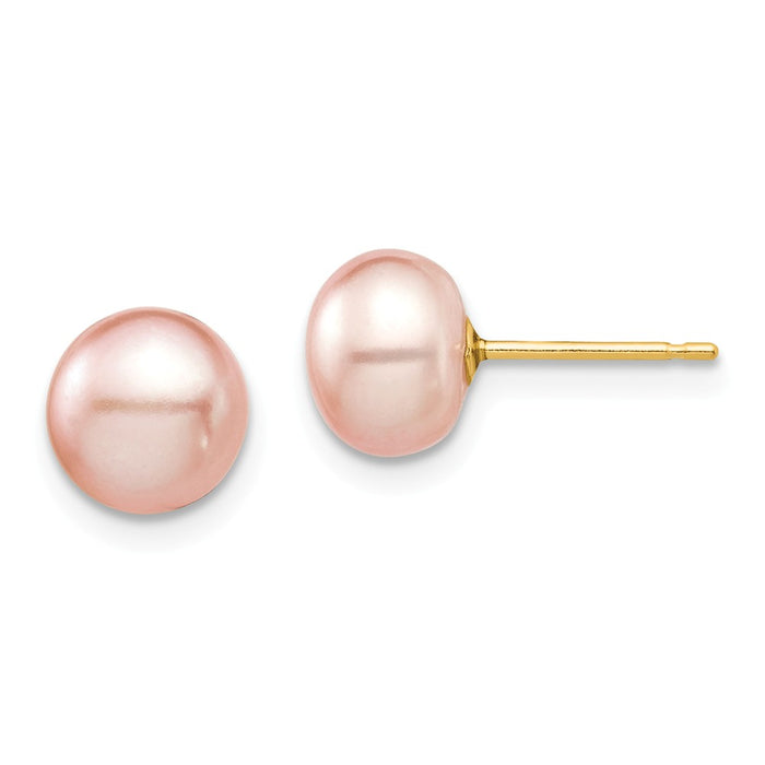 14k Yellow Gold Madi K 7-8mm Pink Button Freshwater Cultured Pearl Stud Post Earrings, 7.24mm x 7.32mm