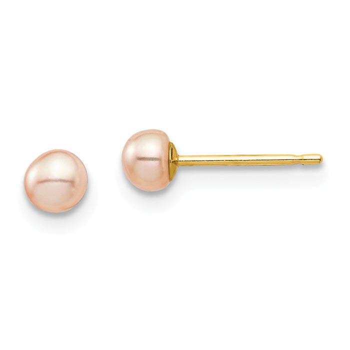14k Yellow Gold Madi K 3-4mm Pink Button Freshwater Cultured Pearl Stud Post Earrings, 3.9mm x 3.65mm