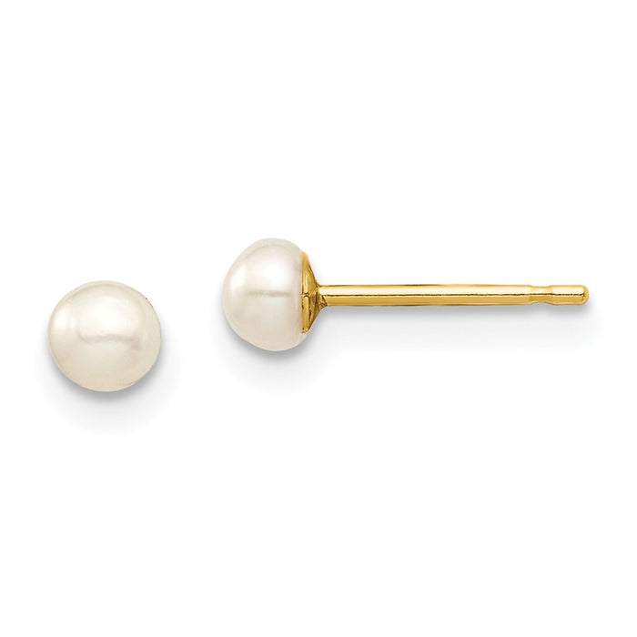 14k Yellow Gold Madi K 3-4mm White Button Freshwater Cultured Pearl Stud Post Earrings, 3.48mm x 3.48mm
