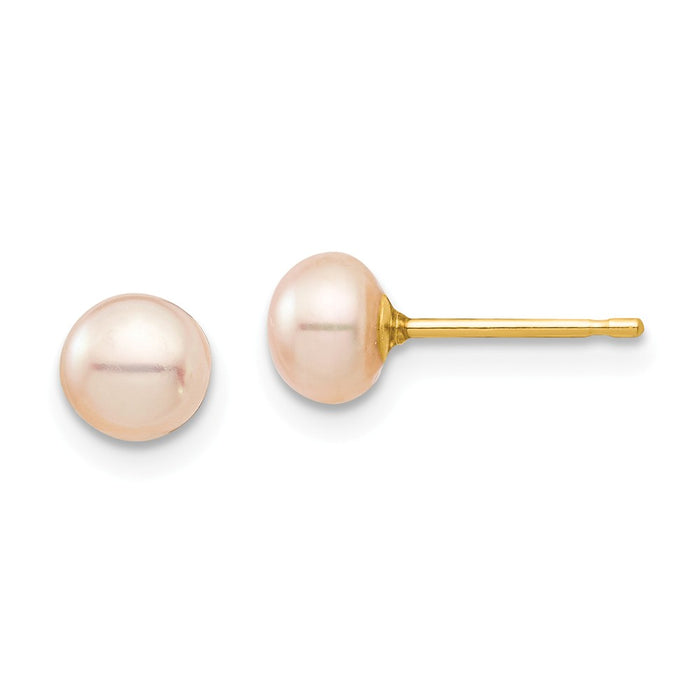 14k Yellow Gold Madi K 5-6mm Pink Button Freshwater Cultured Pearl Stud Post Earrings, 5.06mm x 5.06mm