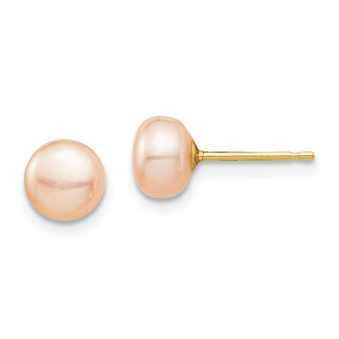 14k Yellow Gold Madi K 6-7mm Pink Button Freshwater Cultured Pearl Stud Post Earrings, 6.07mm x 6.07mm
